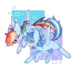 Size: 1080x1080 | Tagged: artist needed, safe, rainbow dash, oc, oc:seaice, pegasus, pony, g4, canon x oc, flying, looking at each other, looking at someone, pegasus oc, seadash, shipping, simple background