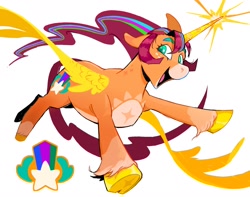 Size: 2428x1913 | Tagged: safe, alternate version, artist:cracklewink, sunny starscout, alicorn, pony, g5, alternate cutie mark, alternate hairstyle, artificial horn, artificial wings, augmented, coat markings, colored hooves, female, gold hooves, hooves, horn, magic, magic horn, magic wings, mare, race swap, redesign, simple background, solo, sunnycorn, white background, wings