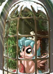 Size: 2480x3508 | Tagged: safe, artist:neoshrek, cozy glow, pegasus, pony, g4, christmas, christmas tree, cozybetes, cute, female, filly, fireplace, foal, high res, holiday, snow, snowfall, solo, tree, window