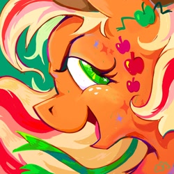 Size: 3000x3000 | Tagged: safe, artist:cracklewink, applejack, earth pony, pony, g4, alternate hairstyle, applejack's hat, coat markings, cowboy hat, female, freckles, green background, hat, high res, mare, rainbow power, simple background, solo