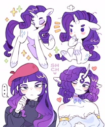 Size: 1536x1851 | Tagged: safe, artist:sharpycharot, rarity, human, pony, unicorn, anthro, equestria girls, g4, ..., anthro ponidox, beanbrows, beatnik rarity, beauty mark, beret, blush sticker, blushing, choker, closed mouth, clothes, curved horn, dot eyes, dress, ear piercing, earring, ears back, eyebrows, eyes closed, eyeshadow, female, frown, gradient hair, hat, heart, horn, human anthrodox, human ponidox, jewelry, lidded eyes, makeup, mare, nail polish, one eye closed, piercing, raised hoof, self paradox, self ponidox, simple background, sitting, smiling, solo, sparkles, strapless, strapless dress, sweater, turtleneck, unshorn fetlocks, white background, wink