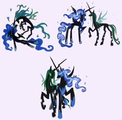 Size: 924x905 | Tagged: safe, artist:trollfuneral, nightmare moon, queen chrysalis, alicorn, changeling, changeling queen, pony, g4, concave belly, crossed horns, duo, female, helmet, hoof shoes, horn, horns are touching, lesbian, long horn, long legs, mare, peytral, princess shoes, ship:chrysmoon, shipping, simple background, tall, thin