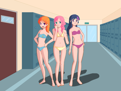 Size: 1094x823 | Tagged: artist needed, safe, fluttershy, rainbow dash, twilight sparkle, human, g4, bra, breasts, clothes, embarrassed, female, humanized, lockers, panties, underwear