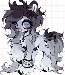 Size: 1776x2048 | Tagged: safe, artist:p0nyplanet, oc, oc only, pony, wolf, wolf pony, abstract background, adoptable, bracelet, chest fluff, crucifix, ear fluff, female, hairclip, jewelry, mare, sharp teeth, solo, teeth, unshorn fetlocks