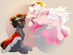 Size: 2048x1545 | Tagged: safe, artist:mikkybun, king sombra, oc, pegasus, pony, unicorn, g4, bracelet, colored horn, commission, concave belly, curved horn, duo, duo male and female, female, flower, flower in hair, horn, jewelry, male, mare, necklace, signature, sitting, sombra horn, stallion