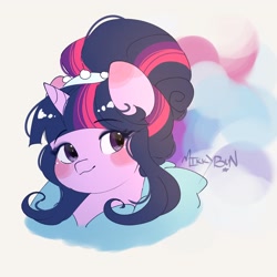 Size: 2048x2048 | Tagged: safe, artist:mikkybun, twilight sparkle, alicorn, pony, g4, alternate hairstyle, blush sticker, blushing, bust, cute, female, high res, mare, signature, simple background, solo, twiabetes, twilight sparkle (alicorn), white background
