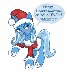 Size: 2297x2482 | Tagged: safe, artist:opalacorn, trixie, pony, unicorn, g4, blushing, christmas, clothes, costume, female, happy hearth's warming, hat, high res, holiday, hoof shoes, mare, open mouth, santa costume, santa hat, simple background, solo, speech bubble, white background