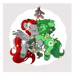 Size: 2048x2048 | Tagged: safe, artist:yun_nhee, oc, oc:asher, oc:void, oc:zach, pegasus, pony, unicorn, baby, baby pony, beard, boop, christmas, christmas lights, colt, commission, eyes closed, facial hair, family, female, floppy ears, foal, glasses, high res, holiday, laurel wreath, male, mare, mistleholly, moustache, noseboop, stallion, trio
