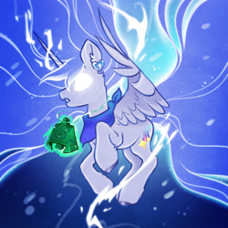 Size: 2700x2700 | Tagged: safe, artist:opalacorn, oc, oc only, oc:vesper radiance, alicorn, pony, alicornified, bandana, bell, blank eyes, commission, ear fluff, ethereal mane, female, glowing, glowing horn, grogar's bell, high res, horn, magic, magic overload, mare, race swap, solo