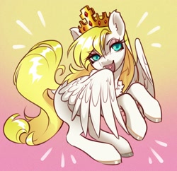 Size: 2700x2618 | Tagged: safe, artist:opalacorn, oc, oc only, oc:sweet cream, pegasus, pony, crown, emanata, female, gradient background, high res, jewelry, mare, open mouth, open smile, regalia, smiling, solo