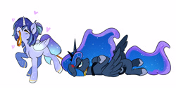 Size: 3961x2019 | Tagged: safe, artist:opalacorn, princess luna, oc, oc:asteria, alicorn, pony, unicorn, g4, artificial wings, augmented, blushing, collar, commission, constellation, constellation freckles, cross-popping veins, crossed hooves, dragging, duo, emanata, eyes closed, female, floppy ears, freckles, heart, high res, leash, luna is not amused, lying down, magic, magic wings, mare, mouth hold, on back, pet play, prone, pulling, simple background, smiling, sweat, sweatdrop, unamused, white background, wings