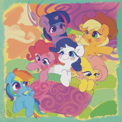 Size: 780x780 | Tagged: safe, artist:noblecrumble, applejack, fluttershy, pinkie pie, rainbow dash, rarity, twilight sparkle, earth pony, pegasus, pony, unicorn, g4, cute, dashabetes, diapinkes, hot air balloon, jackabetes, mane six, raribetes, shyabetes, twiabetes