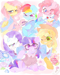 Size: 780x975 | Tagged: safe, artist:noblecrumble, applejack, fluttershy, pinkie pie, rainbow dash, rarity, twilight sparkle, earth pony, pegasus, pony, unicorn, g4, cake, cake slice, clothes, flower, food, glasses, mane six, outfit, suit, tongue out