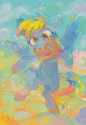 Size: 1365x1981 | Tagged: safe, artist:noblecrumble, derpy hooves, pegasus, g4, bubble, food, muffin