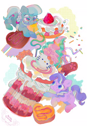 Size: 1398x2048 | Tagged: safe, artist:noblecrumble, diamond tiara, silver spoon, earth pony, pony, g4, braid, braided ponytail, cake, crazy straw, dessert, female, filly, foal, food, hello kitty, jewelry, necklace, ponytail, popsicle, simple background, smiling, sprinkles, strawberry, tiara, white background