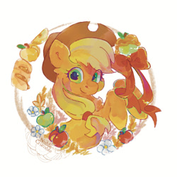 Size: 600x600 | Tagged: safe, artist:noblecrumble, applejack, earth pony, g4, apple, bread, bust, dessert, flower, food, fritter, portrait, simple background, solo, white background