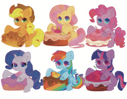 Size: 1661x1297 | Tagged: safe, artist:noblecrumble, applejack, fluttershy, pinkie pie, rainbow dash, rarity, twilight sparkle, earth pony, pegasus, unicorn, g4, cake, food, mane six