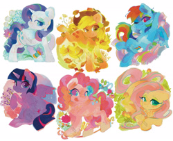 Size: 2048x1665 | Tagged: safe, artist:noblecrumble, applejack, fluttershy, pinkie pie, rainbow dash, rarity, twilight sparkle, alicorn, earth pony, pegasus, unicorn, g4, flower, mane six, twilight sparkle (alicorn)