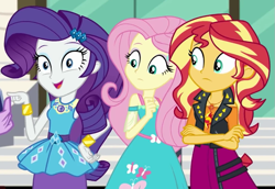Size: 789x544 | Tagged: safe, screencap, fluttershy, rarity, sunset shimmer, equestria girls, g4, my little pony equestria girls: better together, text support, :|, belt, bracelet, cellphone, clothes, cropped, crossed arms, dress, eyeshadow, female, finger, fluttershy boho dress, frilly design, geode of empathy, geode of fauna, geode of shielding, hair, hairpin, hand on hip, happy, iphone, jacket, jewelry, leather, magical geodes, makeup, necklace, open mouth, open smile, pencil skirt, phone, pointing, rarity peplum dress, shirt, shoulderless shirt, skirt, sleeveless, sleeveless dress, smartphone, smiling, tank top, teenager, trio, trio female