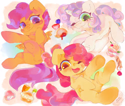 Size: 2048x1743 | Tagged: safe, artist:noblecrumble, apple bloom, scootaloo, sweetie belle, earth pony, pegasus, pony, unicorn, g4, cutie mark crusaders, dessert, female, filly, foal, food, open mouth