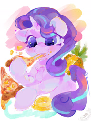 Size: 1536x2048 | Tagged: safe, artist:noblecrumble, starlight glimmer, unicorn, g4, food, herbivore, pineapple pizza, pizza, simple background, that pony sure does love pineapple pizza, white background