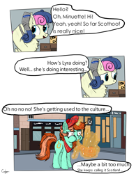 Size: 2382x3060 | Tagged: safe, artist:gotyx96, bon bon, lyra heartstrings, sweetie drops, pony, unicorn, g4, background pony, bagpipes, beret, chest fluff, comic, cute, ear fluff, female, hat, high res, implied minuette, mare, redhead, scotland, scottish