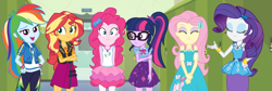 Size: 2223x750 | Tagged: safe, composite screencap, edit, edited screencap, editor:incredibubbleirishguy, screencap, fluttershy, pinkie pie, rainbow dash, rarity, sci-twi, sunset shimmer, twilight sparkle, equestria girls, equestria girls series, g4, holidays unwrapped, o come all ye squashful, spoiler:eqg series (season 2), arms, blouse, blue eyeshadow, bow, bowtie, bracelet, breasts, bust, clothes, crossed arms, cutie mark on clothes, dress, eyeshadow, female, fingers, fluttershy boho dress, glasses, hair, hand on hip, hands behind back, hoodie, jewelry, leather, leather vest, leggings, lockers, makeup, offscreen character, open mouth, panorama, pink eyeshadow, ponytail, pov, puffy sleeves, rah rah skirt, rarity peplum dress, sci-twi skirt, shirt, skirt, sleeveless, smiling, sweater, talking, tank top, vest, wristband, young adult