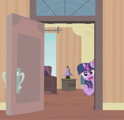 Size: 1170x1126 | Tagged: safe, screencap, twilight sparkle, alicorn, pony, g4, rarity takes manehattan, season 4, angry, cropped, door, female, hotel, hotel room, mare, open mouth, solo, twilight sparkle (alicorn), twilight sparkle is not amused, unamused, yelling, you're welcome