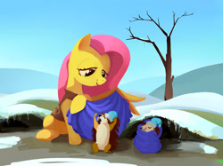 Size: 2732x2048 | Tagged: safe, artist:mandumustbasukanemen, fluttershy, hedgehog, pegasus, pony, art pack:winter unwrap pack, g4, animal team, blanket, critters, female, hat, high res, hoof hold, icicle, lidded eyes, looking at someone, looking down, mare, nightcap, one wing out, open mouth, open smile, outdoors, scenery, sitting, smiling, snow, solo, tree, wing hold, wings, winter wrap up vest