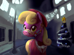 Size: 2732x2048 | Tagged: safe, artist:mandumustbasukanemen, luckette, earth pony, pony, g4, bridle, christmas, christmas tree, city, clothes, female, high res, holiday, mare, night, solo, tack, tree, winter