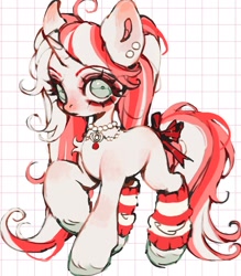 Size: 1797x2048 | Tagged: safe, artist:p0nyplanet, oc, oc only, pony, unicorn, abstract background, adoptable, bow, clothes, ear piercing, earring, female, jewelry, leg warmers, mare, necklace, piercing, solo, tail, tail bow, unshorn fetlocks