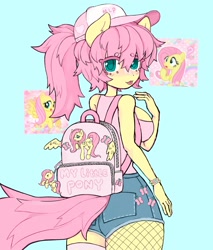 Size: 1745x2048 | Tagged: safe, artist:plushvamp, fluttershy, pegasus, anthro, g4, :3, :p, backpack, baseball cap, beanbrows, blue background, blushing, bracelet, breasts, busty fluttershy, cap, cleavage, clothes, eyebrows, eyebrows visible through hair, female, hat, jewelry, looking at you, looking back, looking back at you, ponytail, shorts, sideboob, simple background, solo, tongue out
