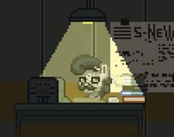 Size: 2020x1595 | Tagged: safe, artist:dangerous fish, oc, oc only, oc:arhip marlin, earth pony, pony, ashes town, fallout equestria, pony town, atmosphere, book, lamp, male, newspaper, old, paper, pixel art, signature, stable-tec, stallion, terminal, tired