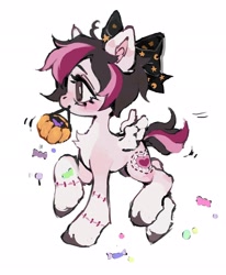 Size: 1688x2048 | Tagged: safe, artist:p0nyplanet, oc, oc only, oc:oopsie doodle, pegasus, pony, bow, candy, chest fluff, female, food, hair bow, halloween, holiday, mare, pumpkin bucket, simple background, solo, stitches, unshorn fetlocks, white background