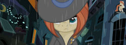 Size: 2000x720 | Tagged: safe, artist:r4hucksake, oc, oc:frazzle, earth pony, pony, alternate hairstyle, female, hat, mare, monologue in the description, night, noir, rain, solo, story included