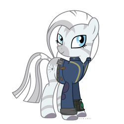 Size: 6000x6000 | Tagged: safe, artist:suramii, oc, oc:crystal eclair, zebra, fallout equestria, fallout equestria: influx, g4, absurd resolution, clothes, fanfic art, female, jumpsuit, simple background, solo, transparent background, vault suit, vector