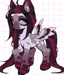 Size: 1733x2048 | Tagged: safe, artist:p0nyplanet, oc, oc only, unnamed oc, pegasus, pony, abstract background, butt wings, chest fluff, colored ears, colored hooves, colored pinnae, colored wings, ear fluff, female, gradient ears, gradient legs, gradient mane, gradient tail, gray eyes, hairclip, leg fluff, mare, multicolored wings, raised hoof, solo, spread wings, standing, tail, wings