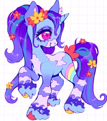 Size: 1815x2047 | Tagged: safe, artist:p0nyplanet, oc, oc only, unnamed oc, earth pony, pony, unicorn, adoptable, body markings, chest fluff, closed mouth, colored ears, colored hooves, colored pinnae, coronet (coat marking), ear fluff, facial markings, female, flower, flower in hair, gradient legs, gradient mane, gradient tail, horn, magenta eyes, mare, mealy mouth (coat marking), mismatched hooves, ponytail, raised hoof, smiling, solo, tail, turned head, unicorn oc, unshorn fetlocks