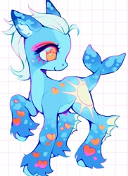 Size: 1492x2048 | Tagged: safe, artist:p0nyplanet, oc, oc only, unnamed oc, original species, pony, abstract background, adoptable, closed mouth, colored hooves, ears back, female, fish tail, gradient ears, gradient legs, leg fins, mare, orange eyes, pale belly, raised hoof, smiling, solo, tail, turned head, unshorn fetlocks