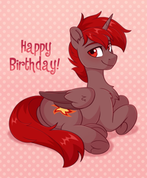 Size: 1820x2210 | Tagged: safe, artist:skysorbett, oc, oc only, oc:hardy, alicorn, pony, abstract background, alicorn oc, bedroom eyes, butt, chest fluff, colored wings, ear fluff, folded wings, frog (hoof), happy birthday, horn, looking at you, lying down, male, on side, plot, prone, simple background, solo, stallion, two toned wings, underhoof, wings