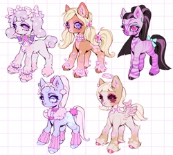 Size: 2048x1835 | Tagged: safe, artist:p0nyplanet, oc, oc only, earth pony, pegasus, pony, adoptable, bow, bowtie, chest fluff, choker, clothes, ear fluff, ear piercing, earring, female, hair bow, jewelry, leg warmers, mare, necklace, piercing, tail, tail bow, unshorn fetlocks