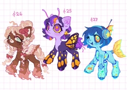 Size: 2048x1450 | Tagged: safe, artist:p0nyplanet, oc, oc only, butterfly, butterfly pony, fish, hybrid, merpony, pegasus, pony, robot, robot pony, abstract background, adoptable, antennae, braid, butterfly wings, choker, female, fish tank, flower, flower in hair, headphones, mare, one eye closed, trio, unshorn fetlocks, wings, wink