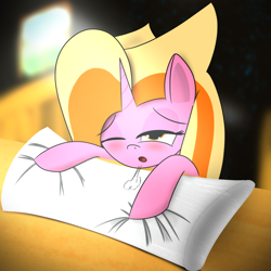 Size: 2048x2048 | Tagged: safe, artist:knife smile, oc, oc:sunny cove ice lake, unicorn, bedroom eyes, high res, pillow, sigh, window