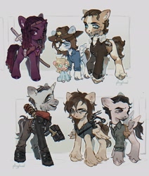 Size: 1740x2048 | Tagged: safe, artist:p0nyplanet, pegasus, pony, unicorn, beard, carl grimes, clothes, crossbow, daryl dixon, eyepatch, facial hair, female, gun, handgun, holster, jacket, katana, male, mare, michonne, negan, pistol, ponified, rick grimes, stallion, sword, the walking dead, unshorn fetlocks, weapon