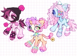 Size: 2048x1494 | Tagged: safe, artist:p0nyplanet, oc, oc only, doll pony, original species, pegasus, pony, unicorn, adoptable, bow, button eyes, clothes, clown, clown nose, doll, female, hair bow, leg warmers, mare, red nose, stitched body, stitches, tail, tail bow, trio, unshorn fetlocks
