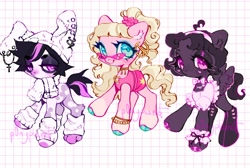 Size: 2048x1375 | Tagged: safe, artist:p0nyplanet, oc, oc only, earth pony, pegasus, pony, beanie, bowtie, bracelet, clothes, dress, ear piercing, earring, female, hat, jewelry, leg warmers, mare, necklace, piercing, scarf, scrunchy face, socks, trio