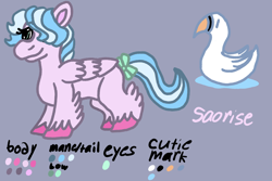Size: 1500x1000 | Tagged: safe, artist:mintwhistle, oc, oc only, oc:saorise, bird, pegasus, pony, swan, bow, colored hooves, cutie mark, feathered fetlocks, female, folded wings, gray background, hair over one eye, mare, medibang paint, not silverstream, pegasus oc, reference sheet, simple background, smiling, solo, tail, tail bow, unshorn fetlocks, wings