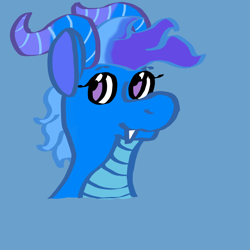 Size: 1000x1000 | Tagged: safe, artist:mintwhistle, fountain (g5), dragon, g5, alternate design, blue background, bust, dragoness, fangs, female, horns, looking back, looking up, medibang paint, simple background, smiling, solo, wavy mane