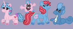 Size: 3000x1200 | Tagged: safe, artist:mintwhistle, bangles (g1), princess royal blue, smokey, wishful, bushwoolie, dragon, earth pony, pony, unicorn, g1, bangles, blue, bow, colored hooves, crown, eyes closed, fangs, female, gray background, group, jewelry, looking at someone, looking back, male, mare, medibang paint, open mouth, open smile, pink, princess, quartet, raised hoof, redesign, regalia, simple background, sitting, smiling, soft, tail, tail bow, unshorn fetlocks, walking