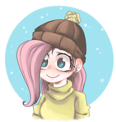 Size: 1195x1264 | Tagged: safe, artist:smirk, fluttershy, human, g4, abstract background, beanie, blushing, clothes, ear piercing, hat, humanized, piercing, simple background, smiling, snow, solo, sweater